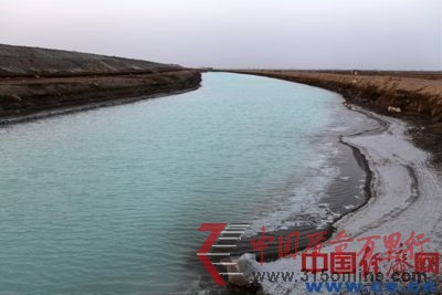 河溝中滿是藍綠色的堿性污水,河邊結出了厚厚一層堿。 河溝中滿是藍綠色的堿性污水,河邊結出了厚厚一層堿。