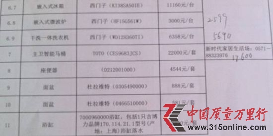 開發商向業主提供的報價單部分內容, 開發商向業主提供的報價單部分內容,